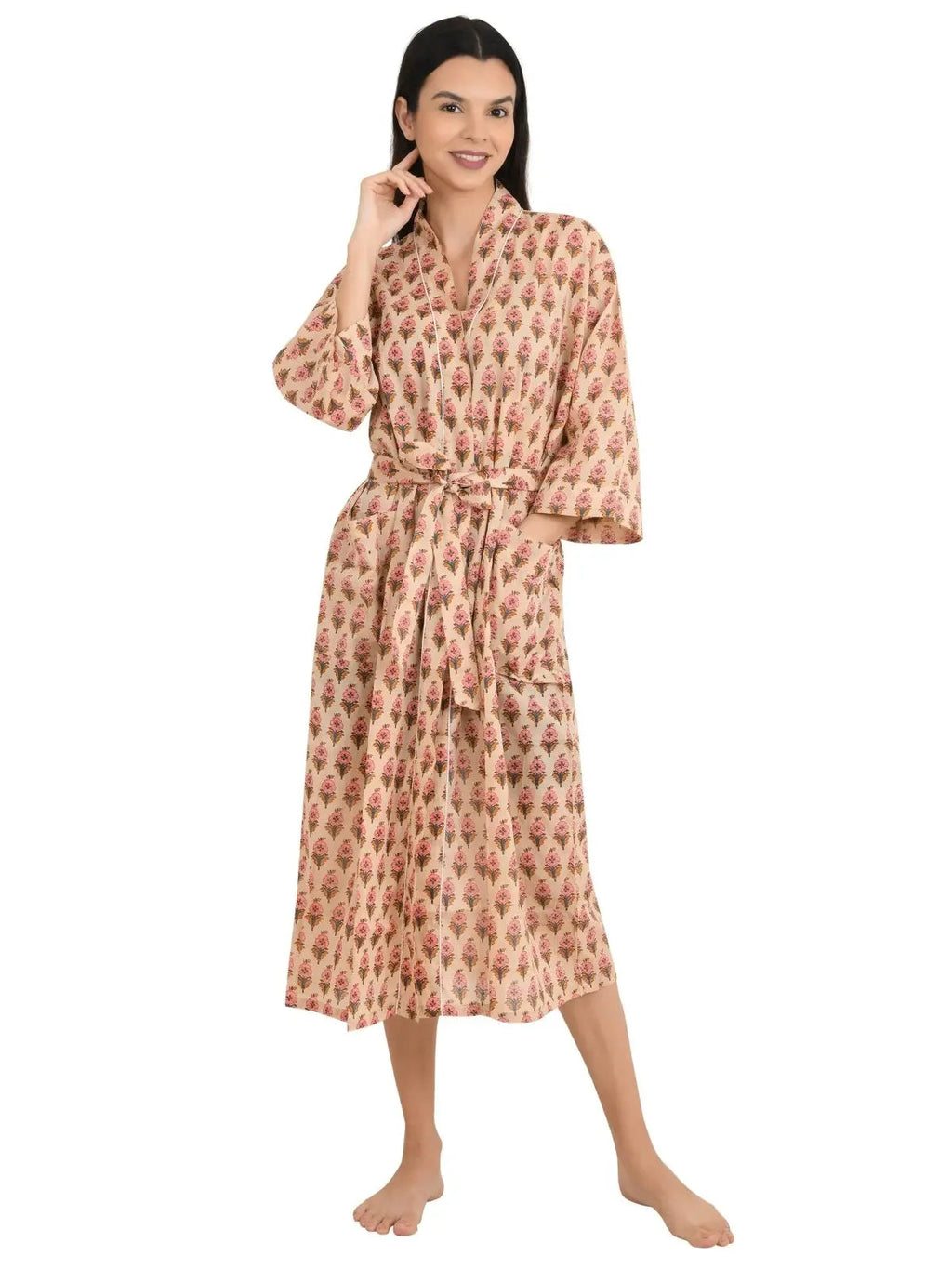 block-printed Cotton Kimono Robe in botanical