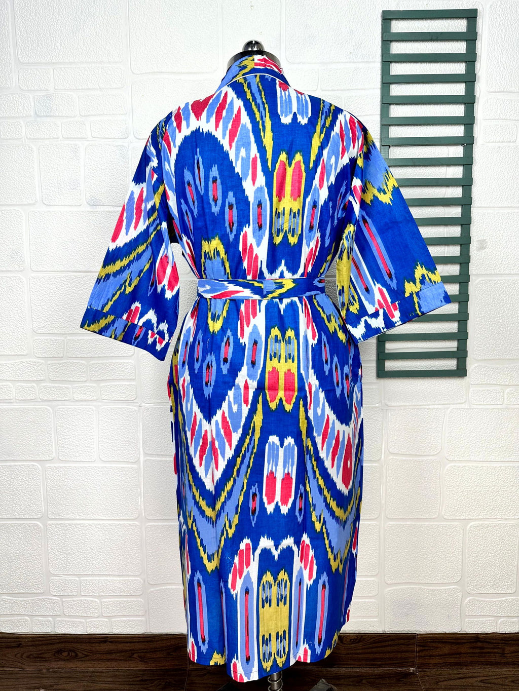 block-printed Cotton Kimono Robe in ikat