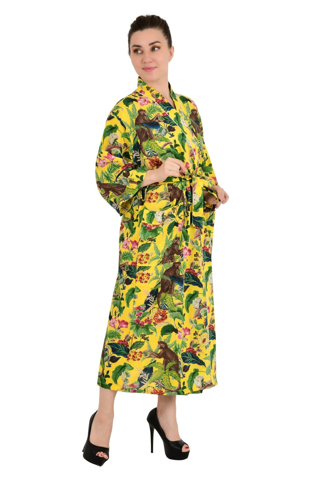 block-printed Cotton Kimono Robe in monkey