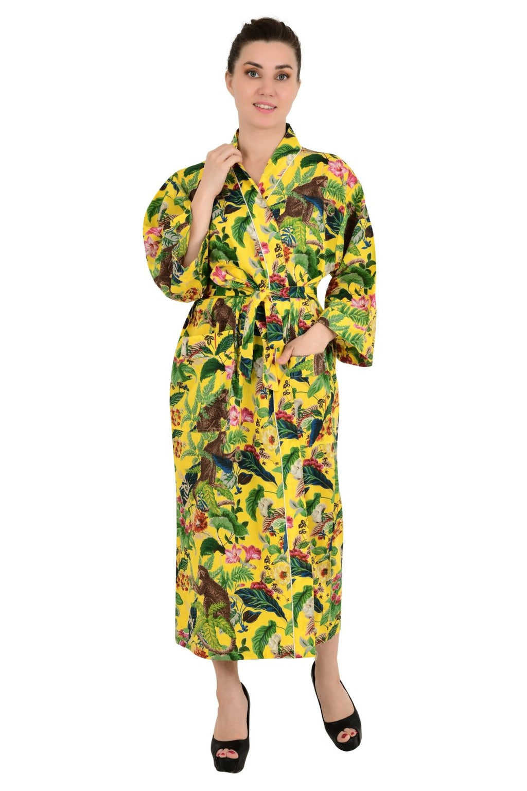 block-printed Cotton Kimono Robe in monkey