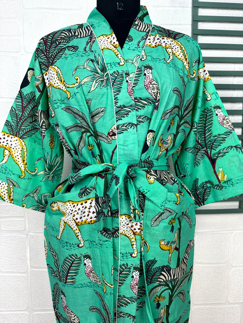 block-printed Cotton Kimono Robe in jungle