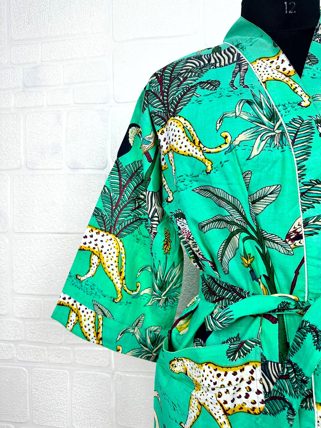 block-printed Cotton Kimono Robe in jungle