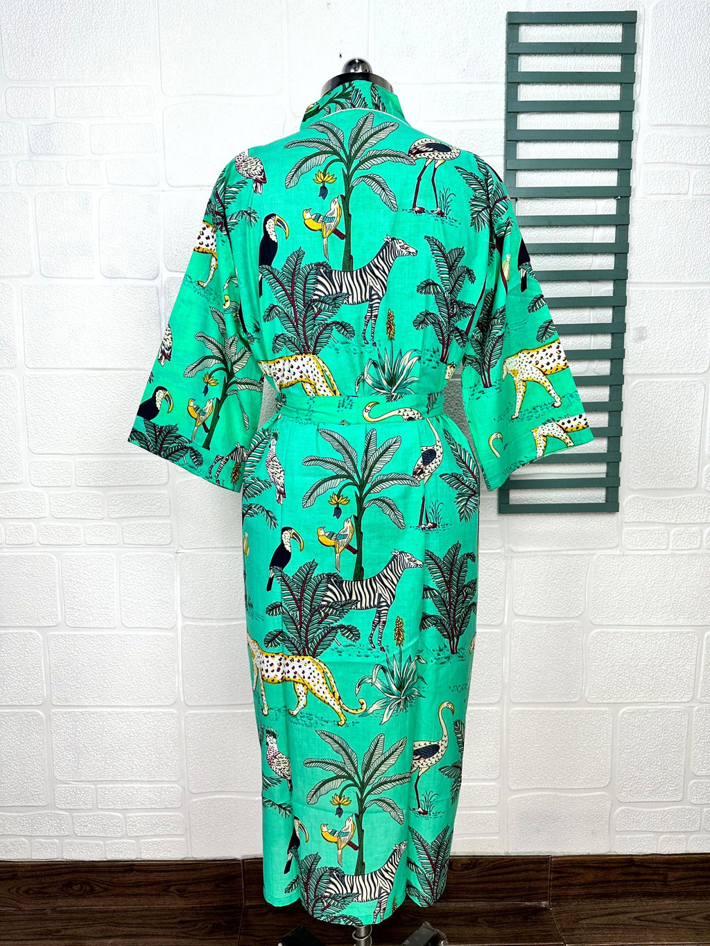 block-printed Cotton Kimono Robe in jungle