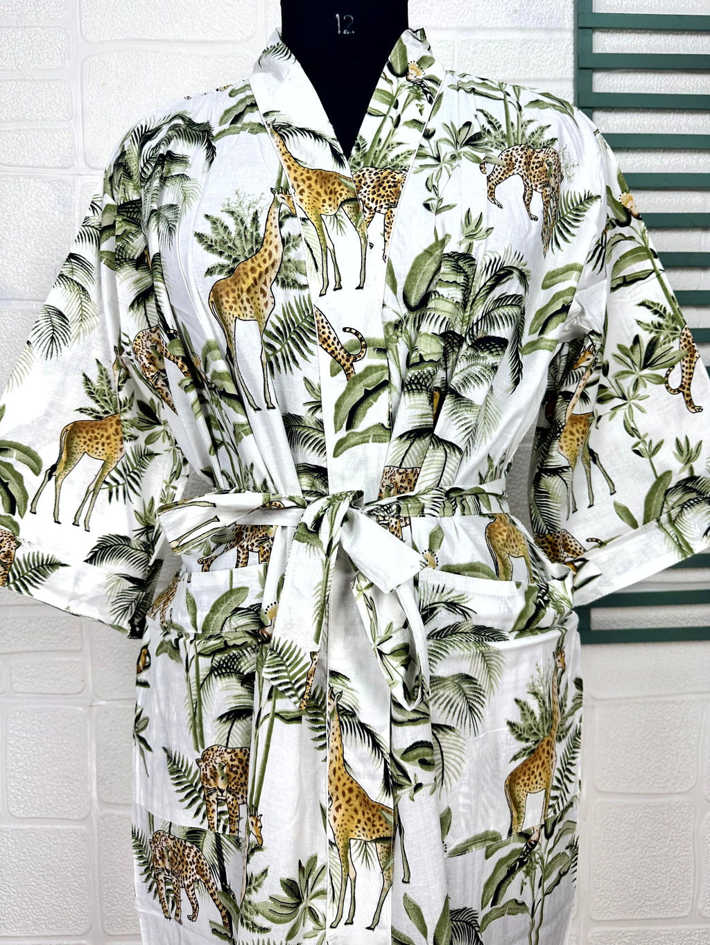 block-printed Cotton Kimono Robe in jungle