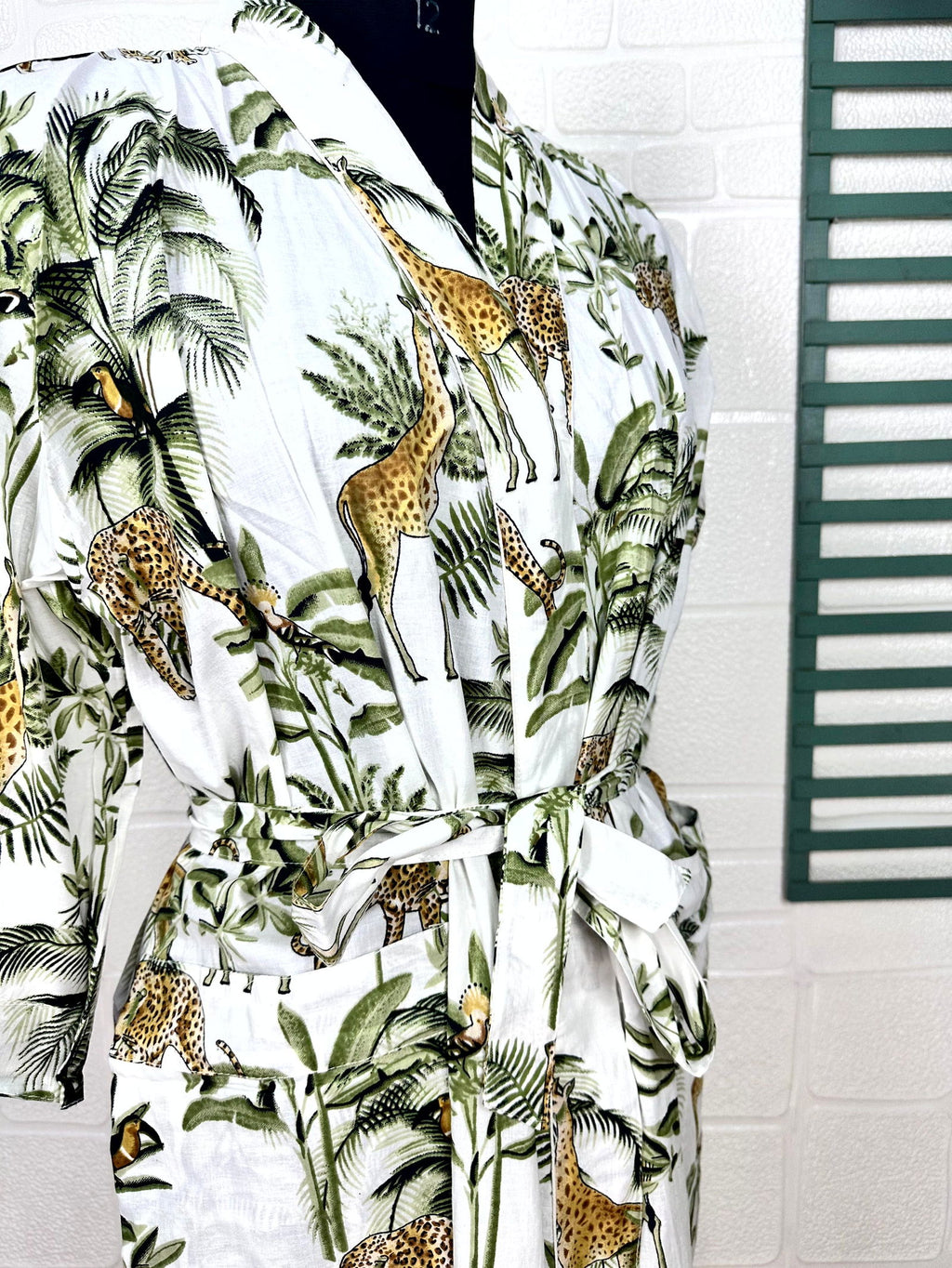 block-printed Cotton Kimono Robe in jungle