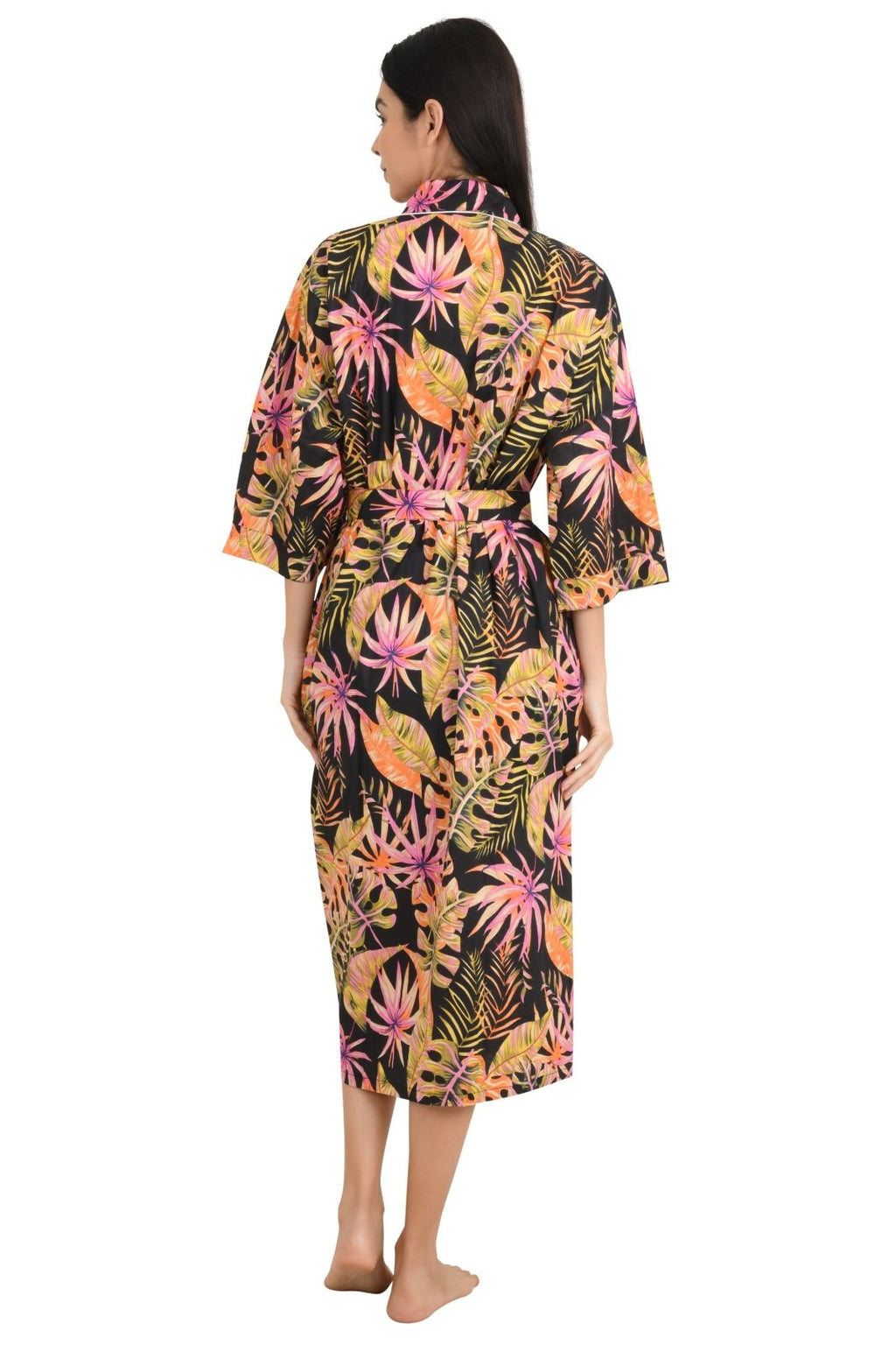 block-printed Cotton Kimono Robe in leaf