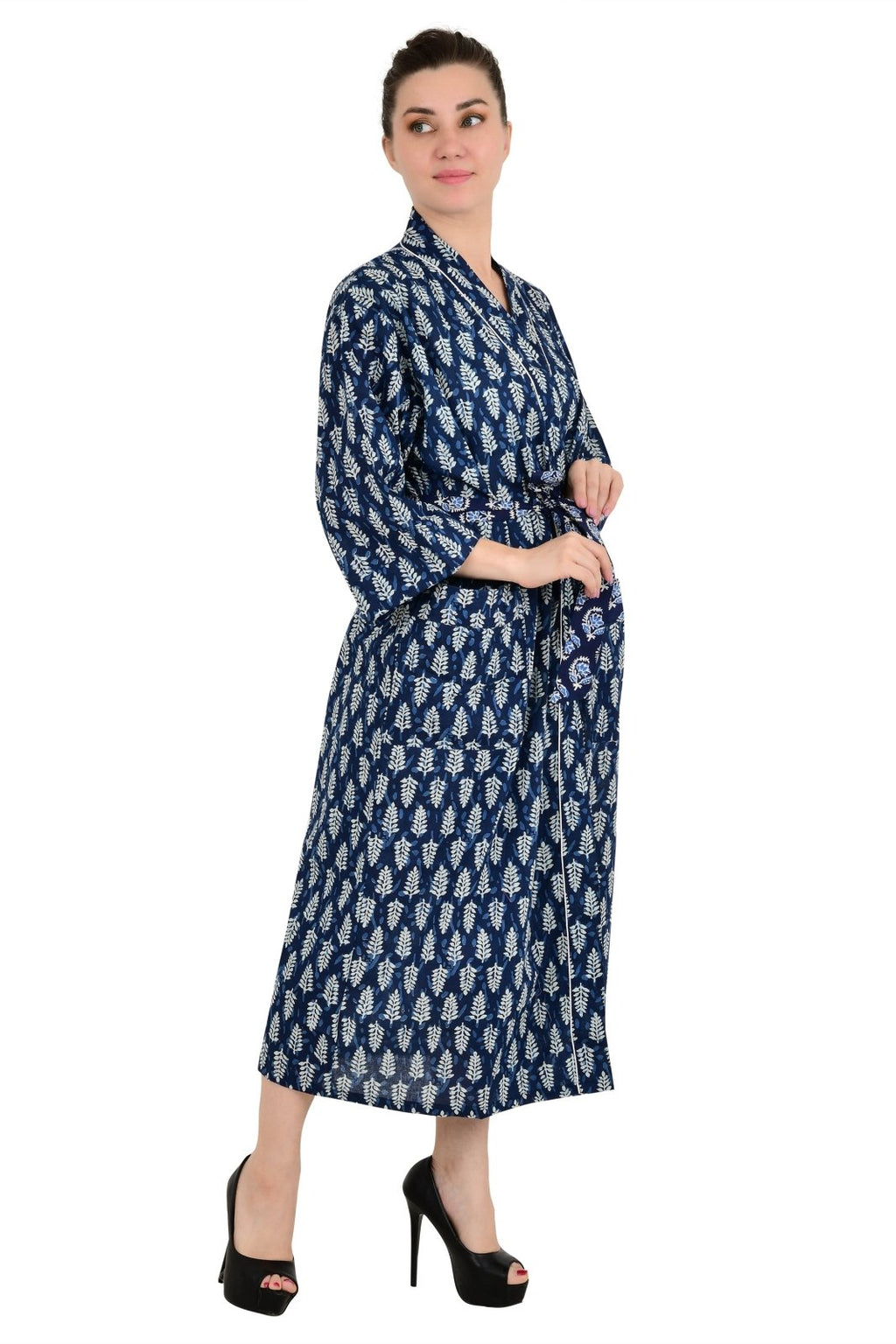 block-printed Cotton Kimono Robe in leaf