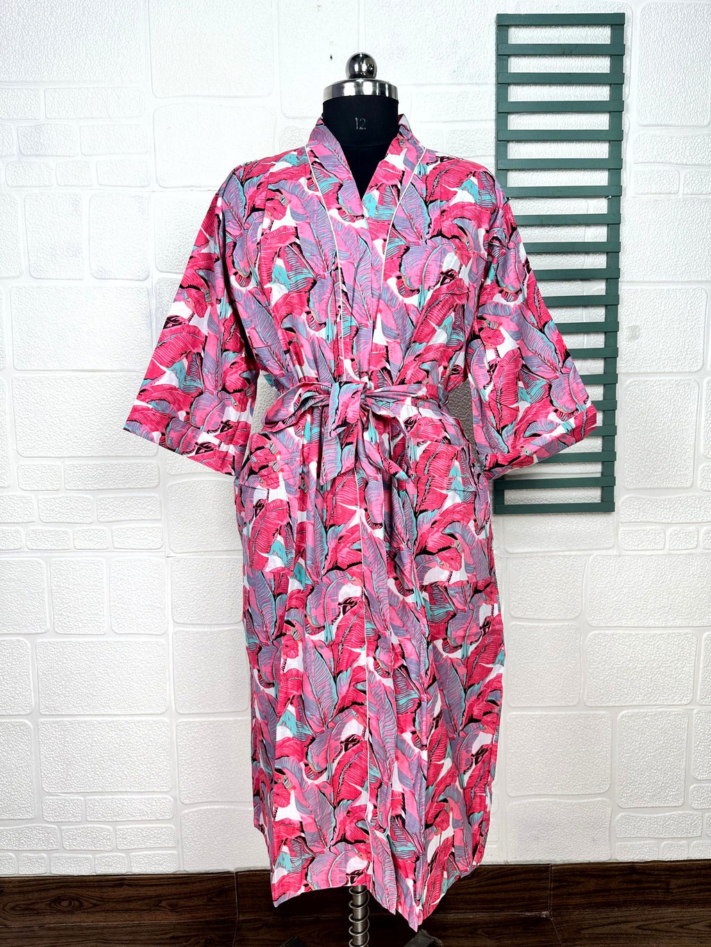 block-printed Cotton Kimono Robe in leaf