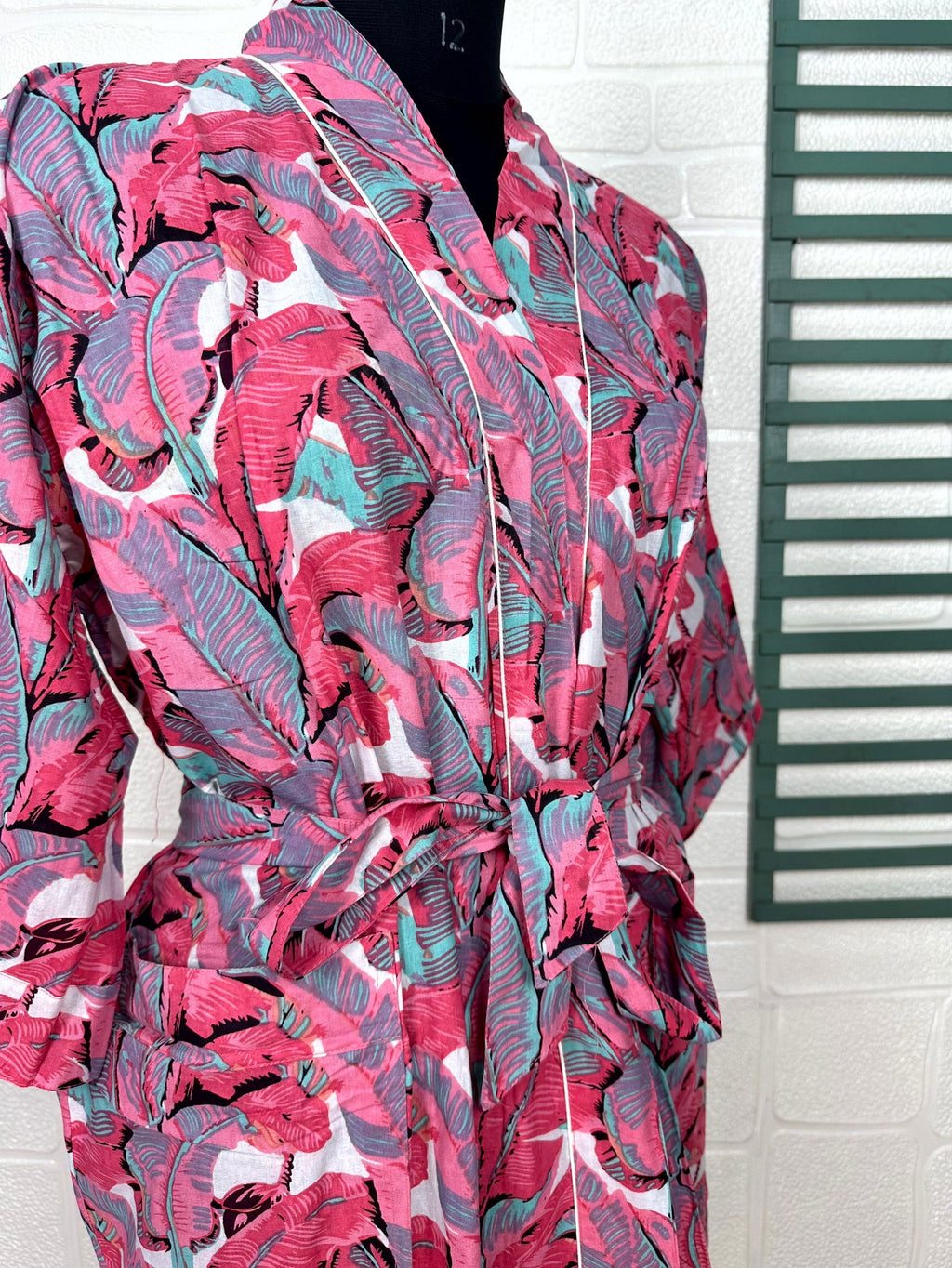 block-printed Cotton Kimono Robe in leaf