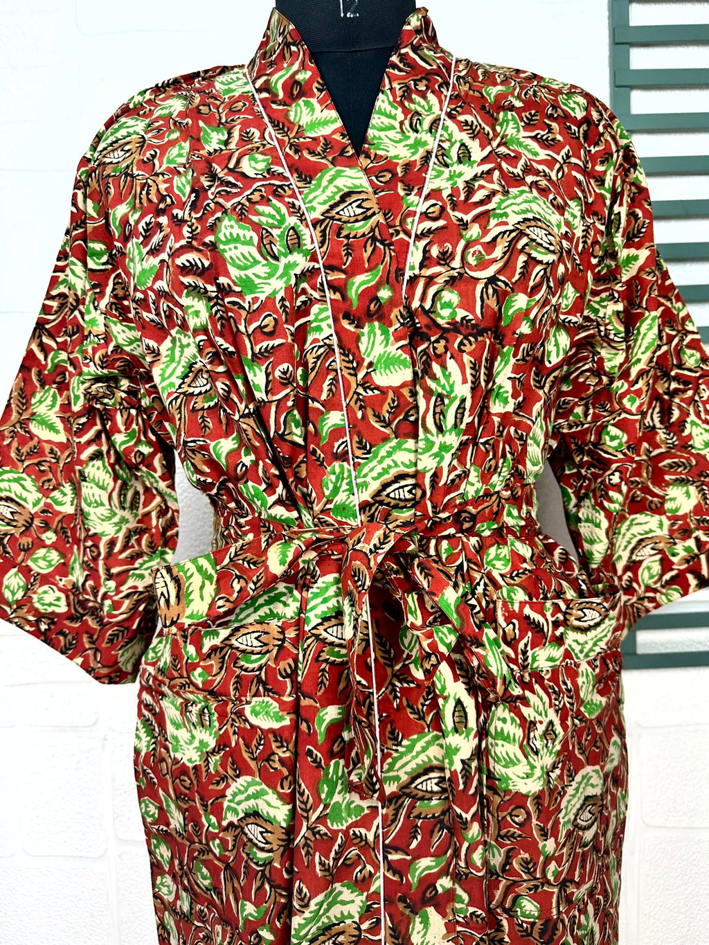 block-printed Cotton Kimono Robe in leaf