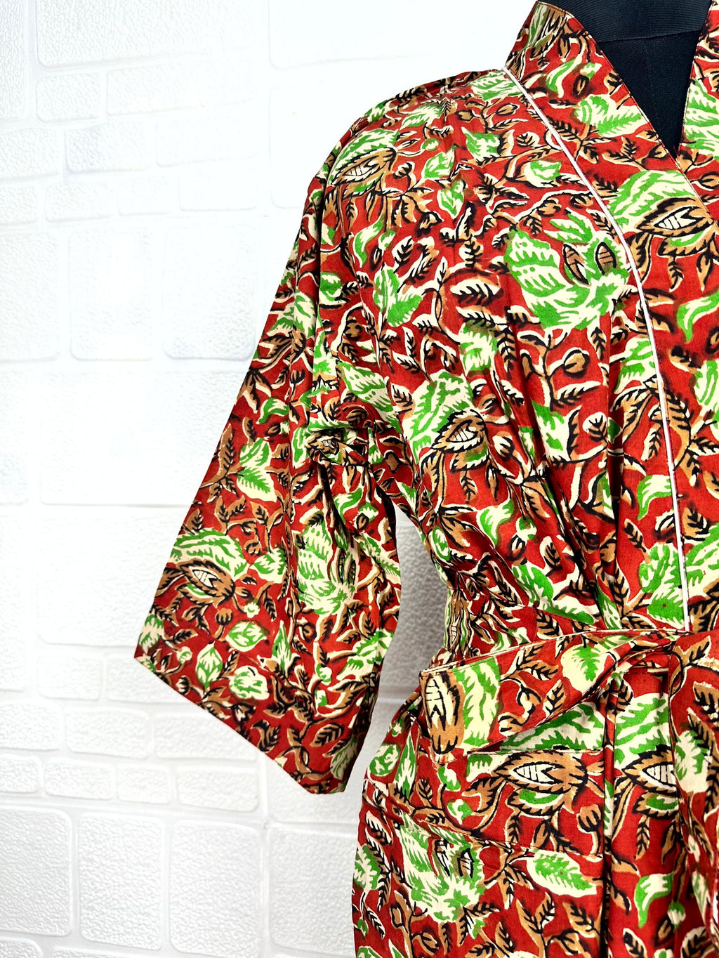 block-printed Cotton Kimono Robe in leaf