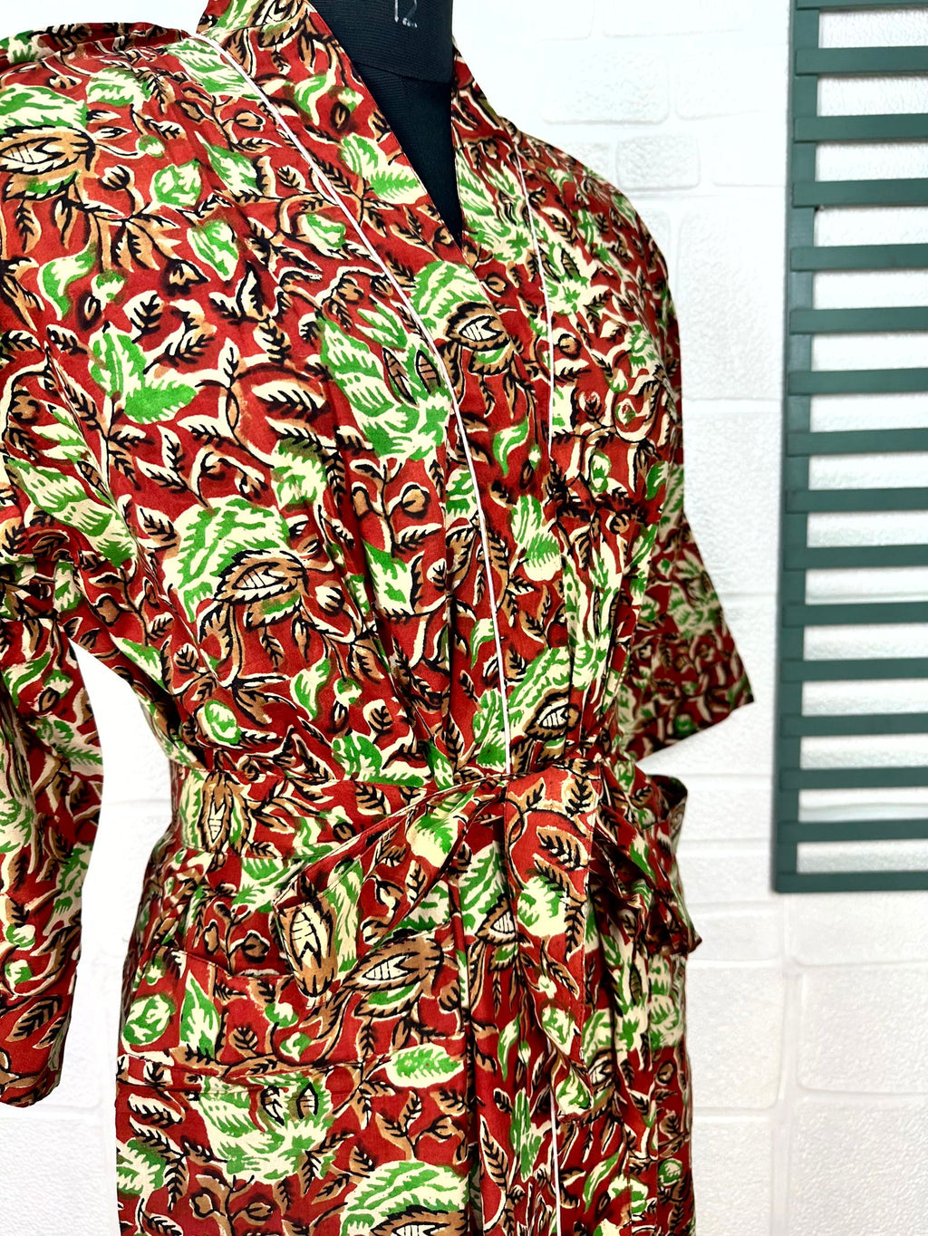 block-printed Cotton Kimono Robe in leaf