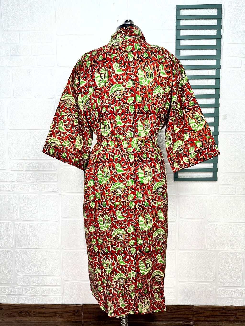 block-printed Cotton Kimono Robe in leaf