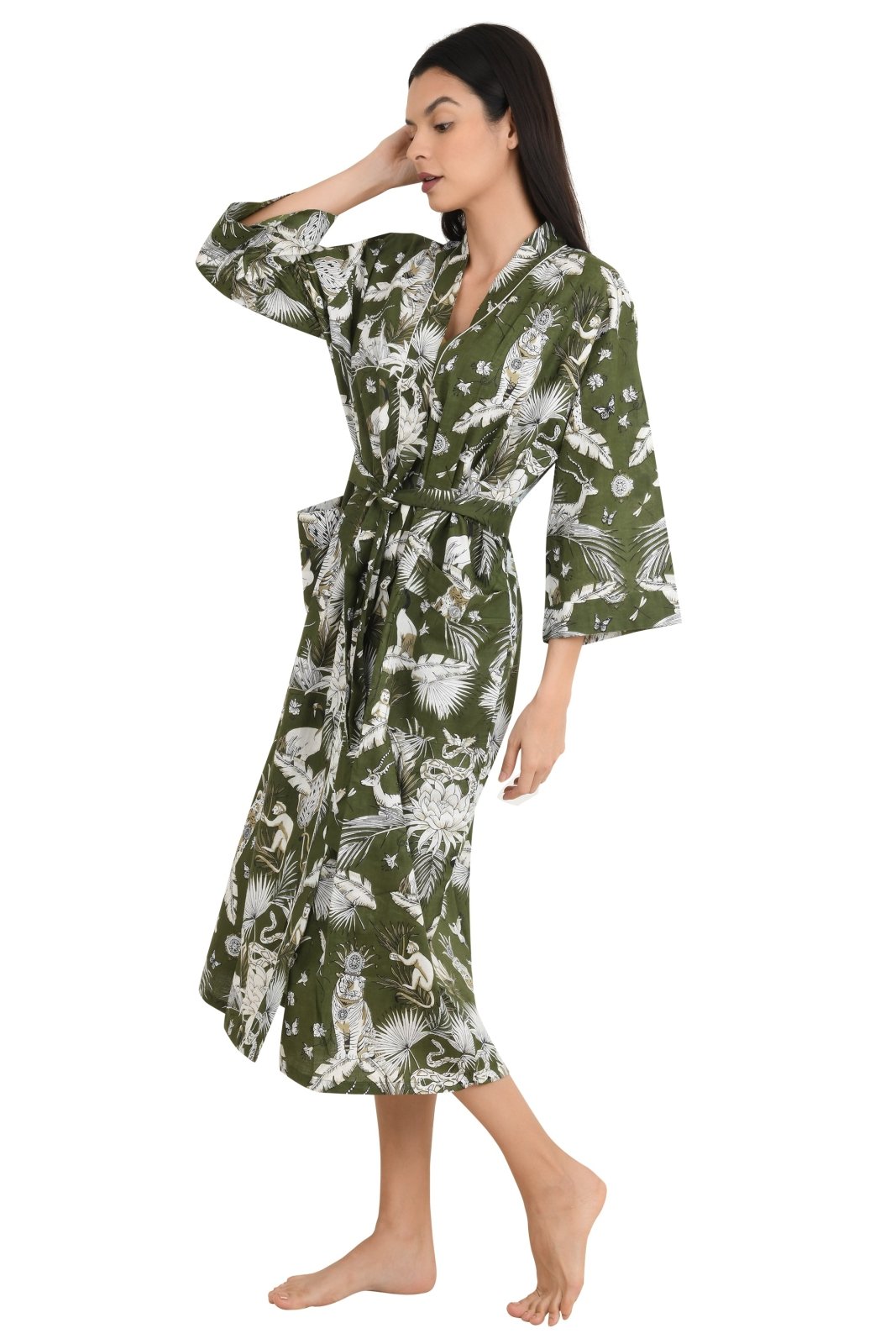 block-printed Cotton Kimono Robe in monkey