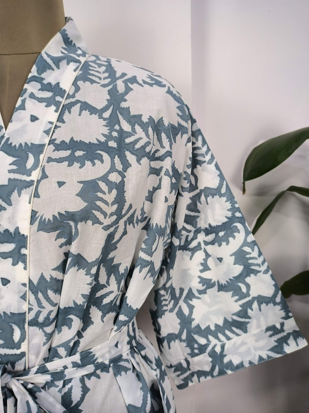 block-printed Cotton Kimono Robe in pink grey white floral