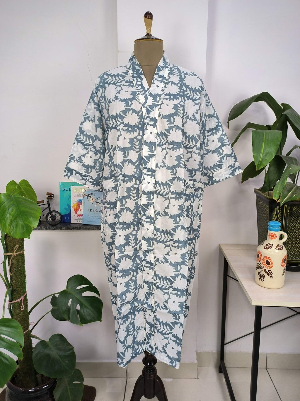 block-printed Cotton Kimono Robe in pink grey white floral