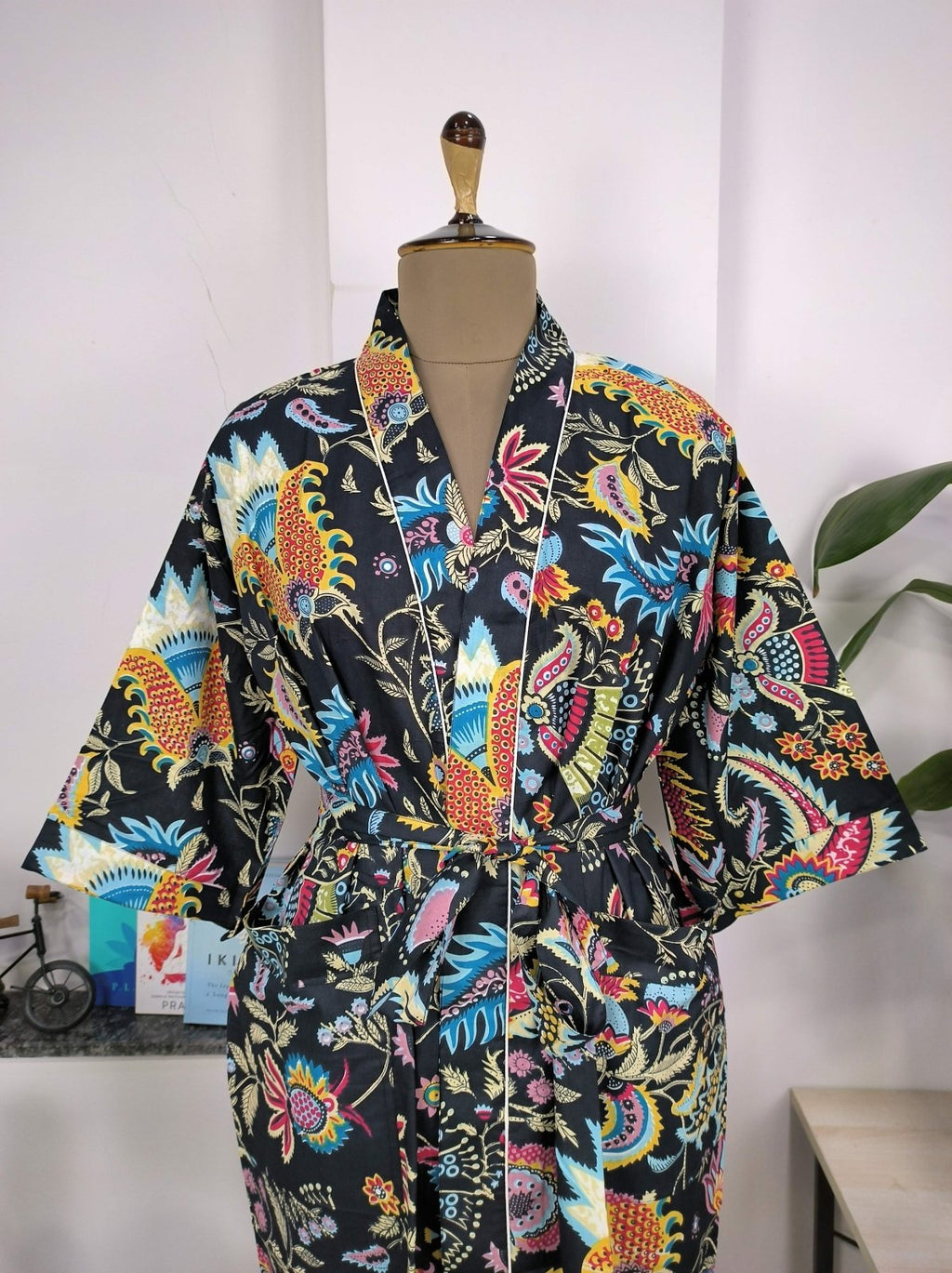 block-printed Cotton Kimono Robe in pink jungle