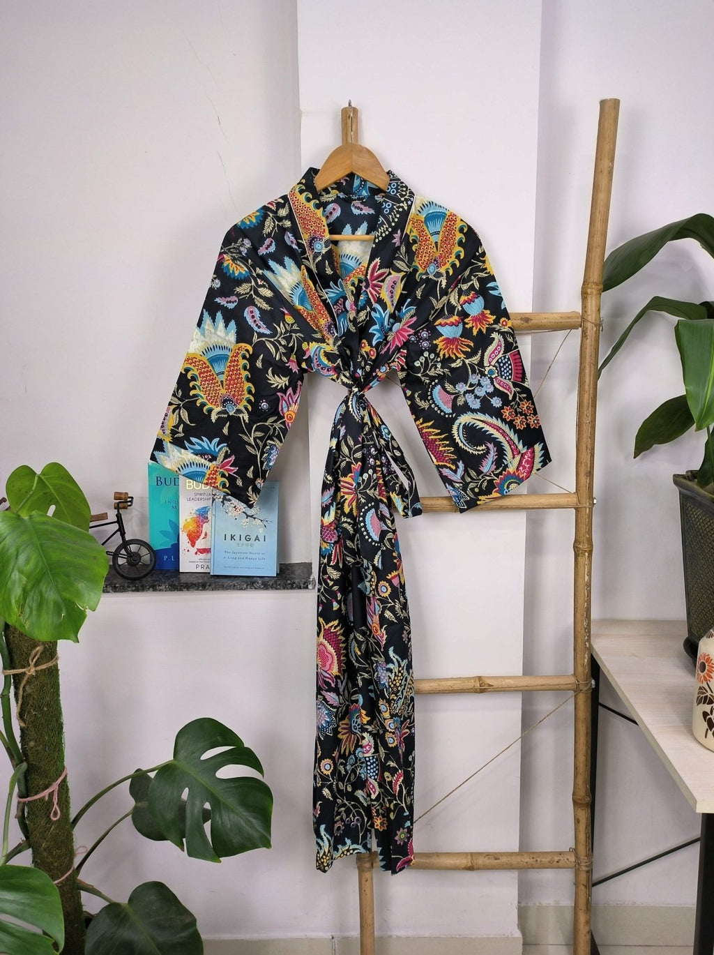 block-printed Cotton Kimono Robe in pink jungle