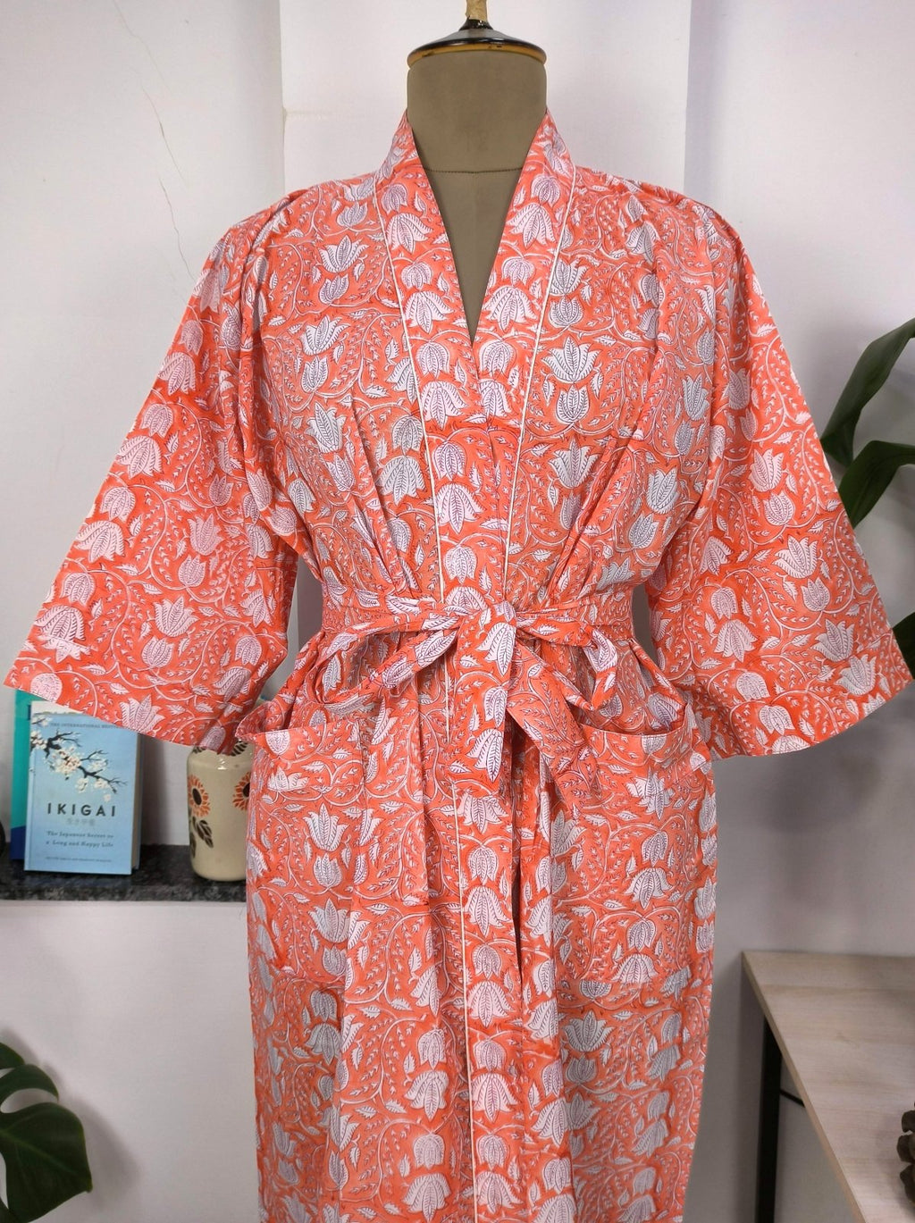 block-printed Cotton Kimono Robe in pink orange