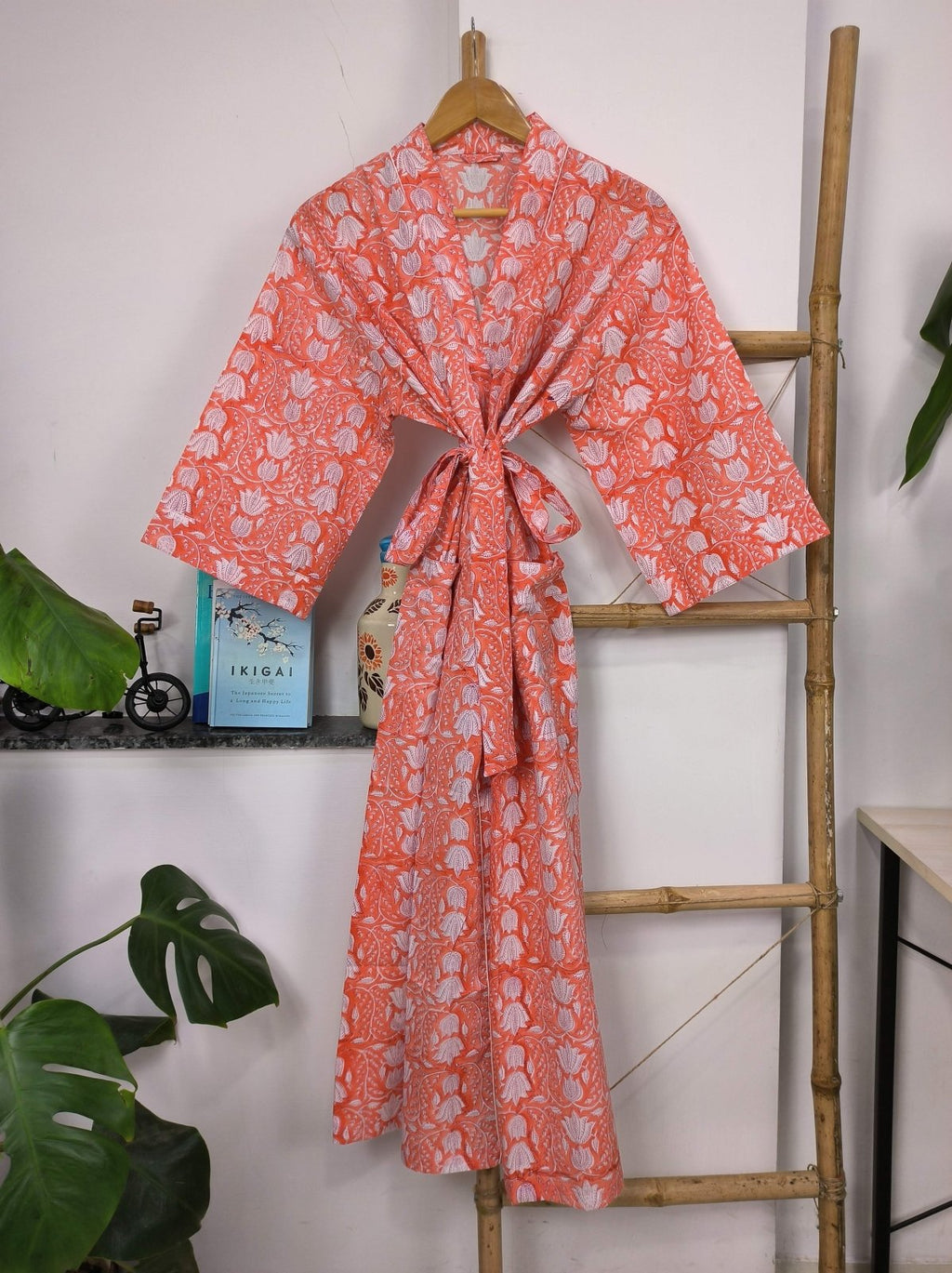 block-printed Cotton Kimono Robe in pink orange