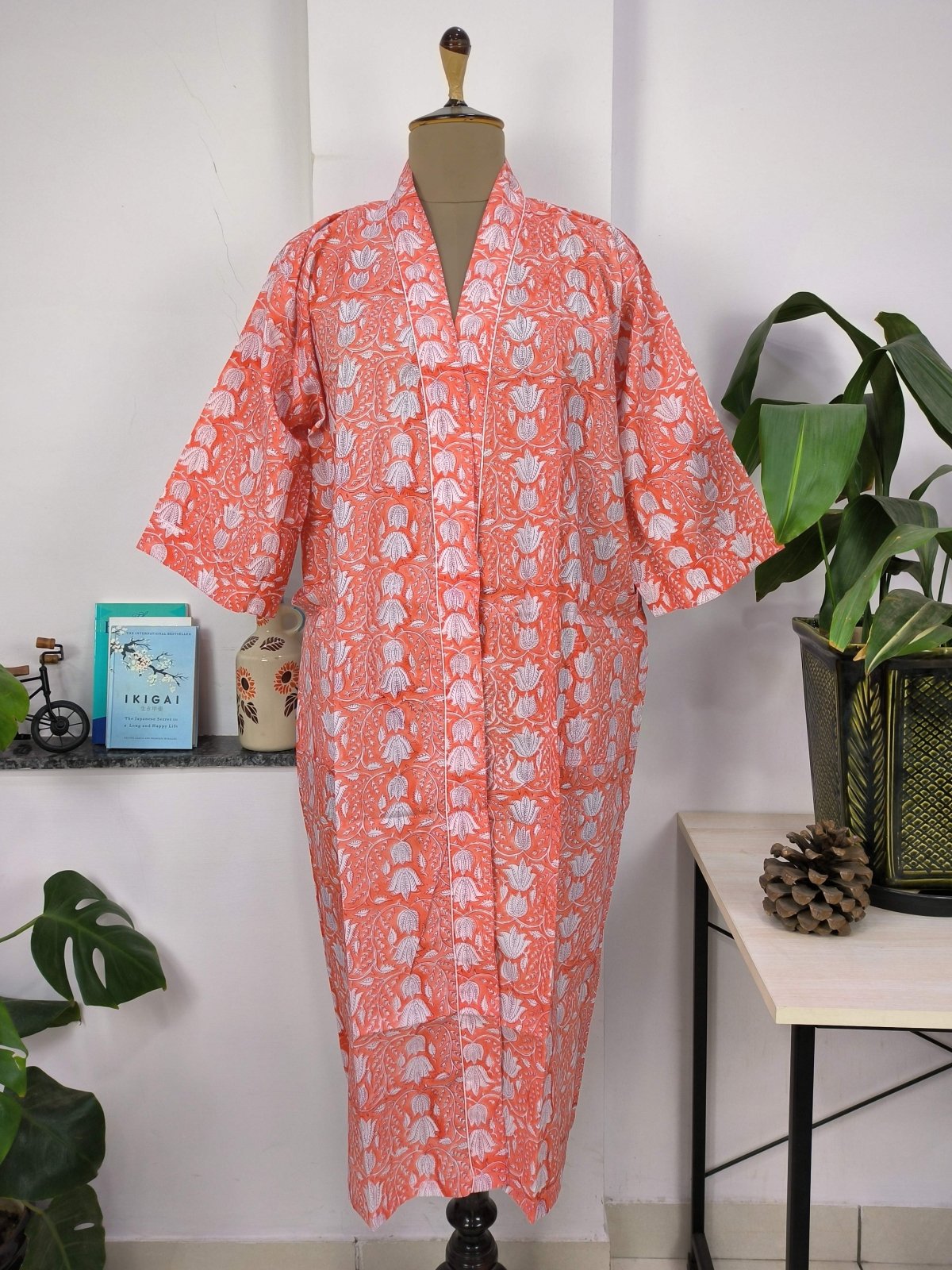 block-printed Cotton Kimono Robe in pink orange