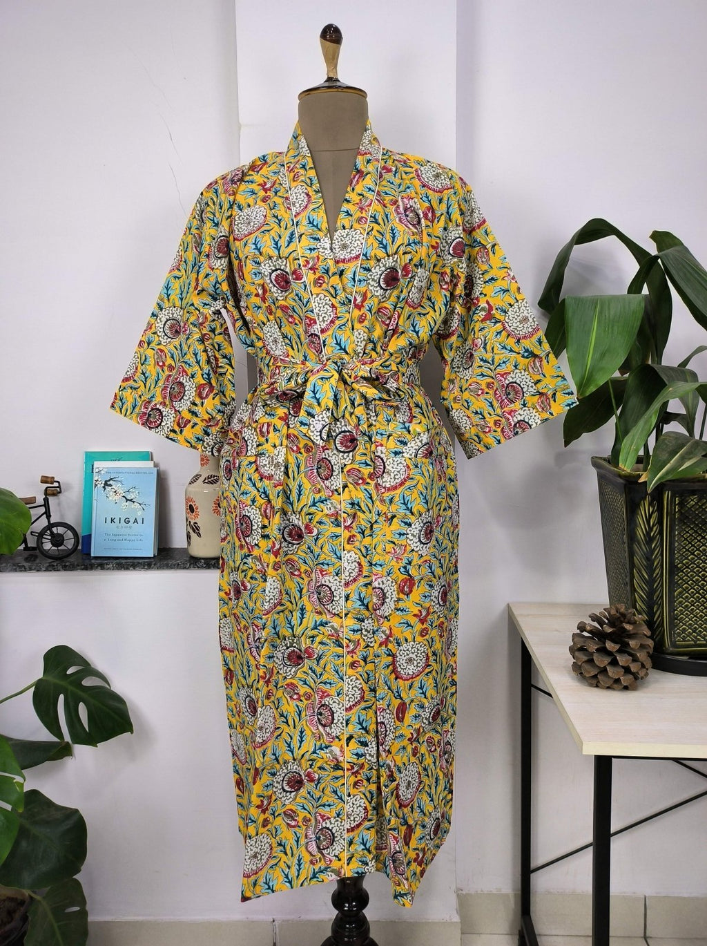 block-printed Cotton Kimono Robe in pink yellow floral