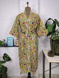 block-printed Cotton Kimono Robe in pink yellow floral