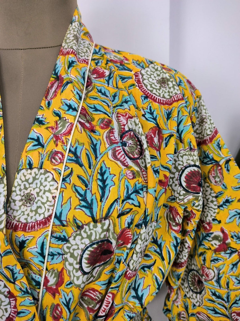 block-printed Cotton Kimono Robe in pink yellow floral
