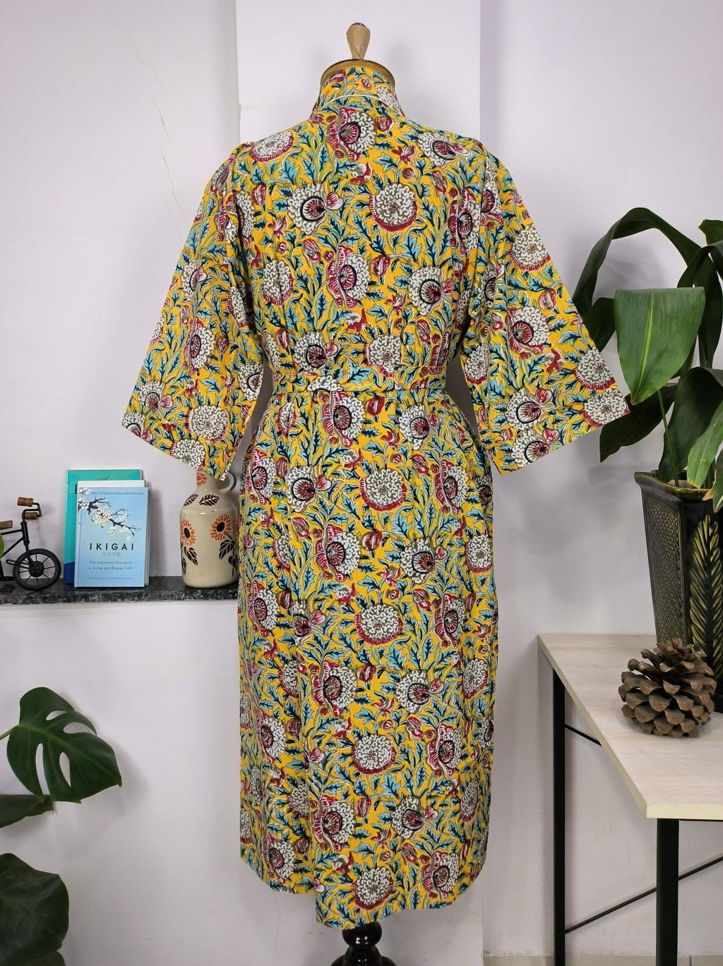 block-printed Cotton Kimono Robe in pink yellow floral