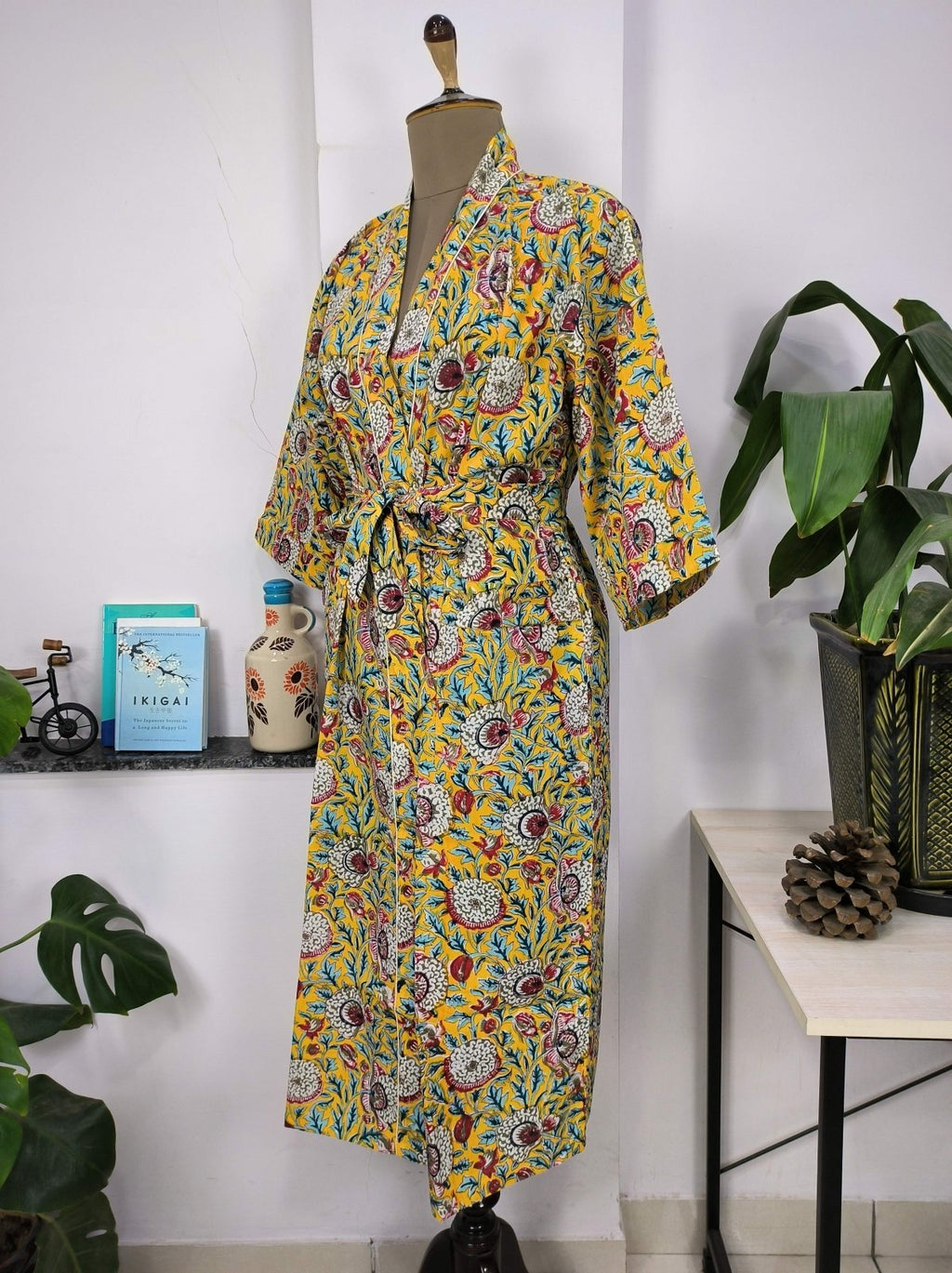 block-printed Cotton Kimono Robe in pink yellow floral