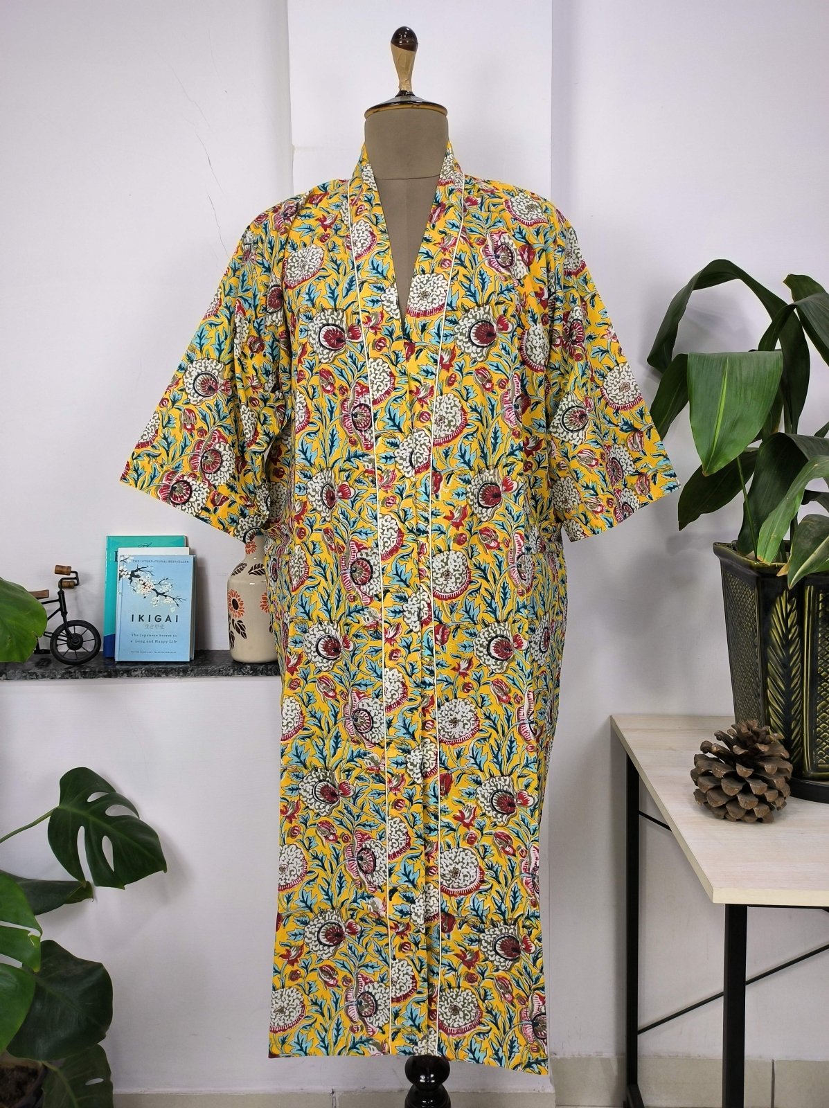 block-printed Cotton Kimono Robe in pink yellow floral