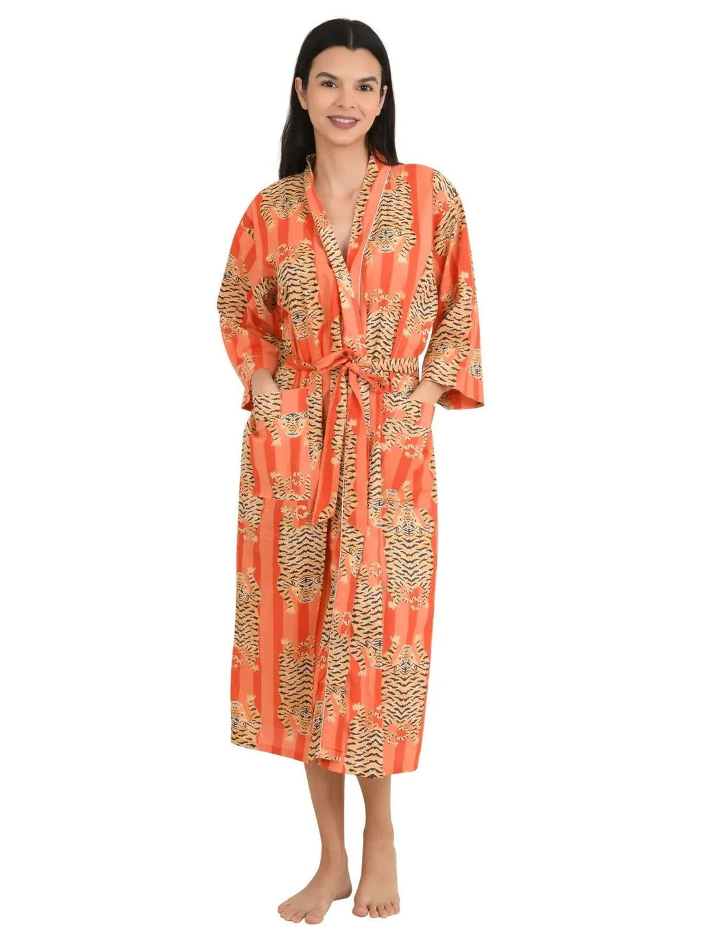 block-printed Cotton Kimono Robe in cheetah