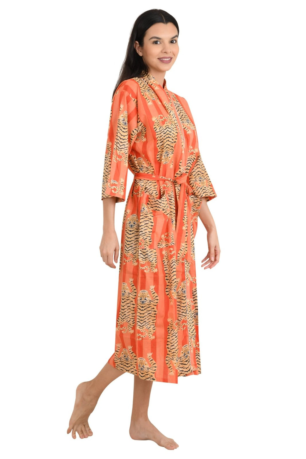 block-printed Cotton Kimono Robe in cheetah