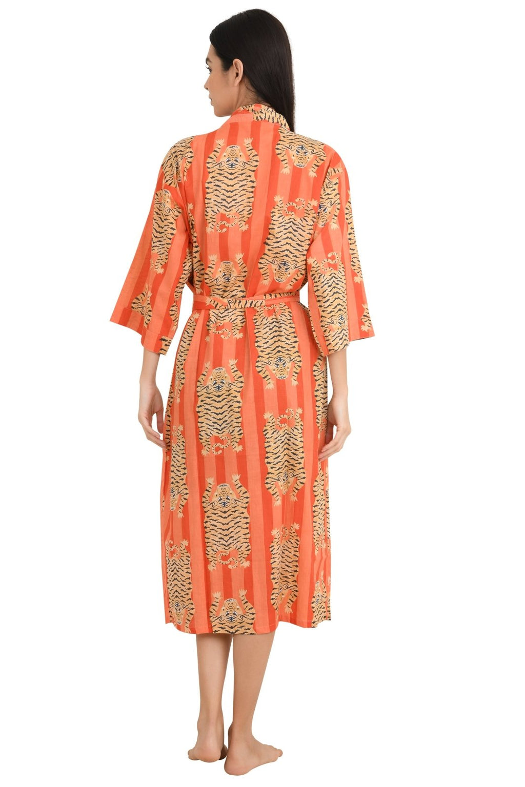 block-printed Cotton Kimono Robe in cheetah