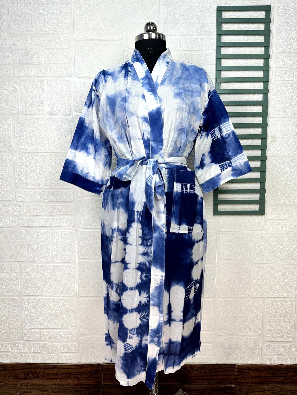 block-printed Cotton Kimono Robe in tie-dye