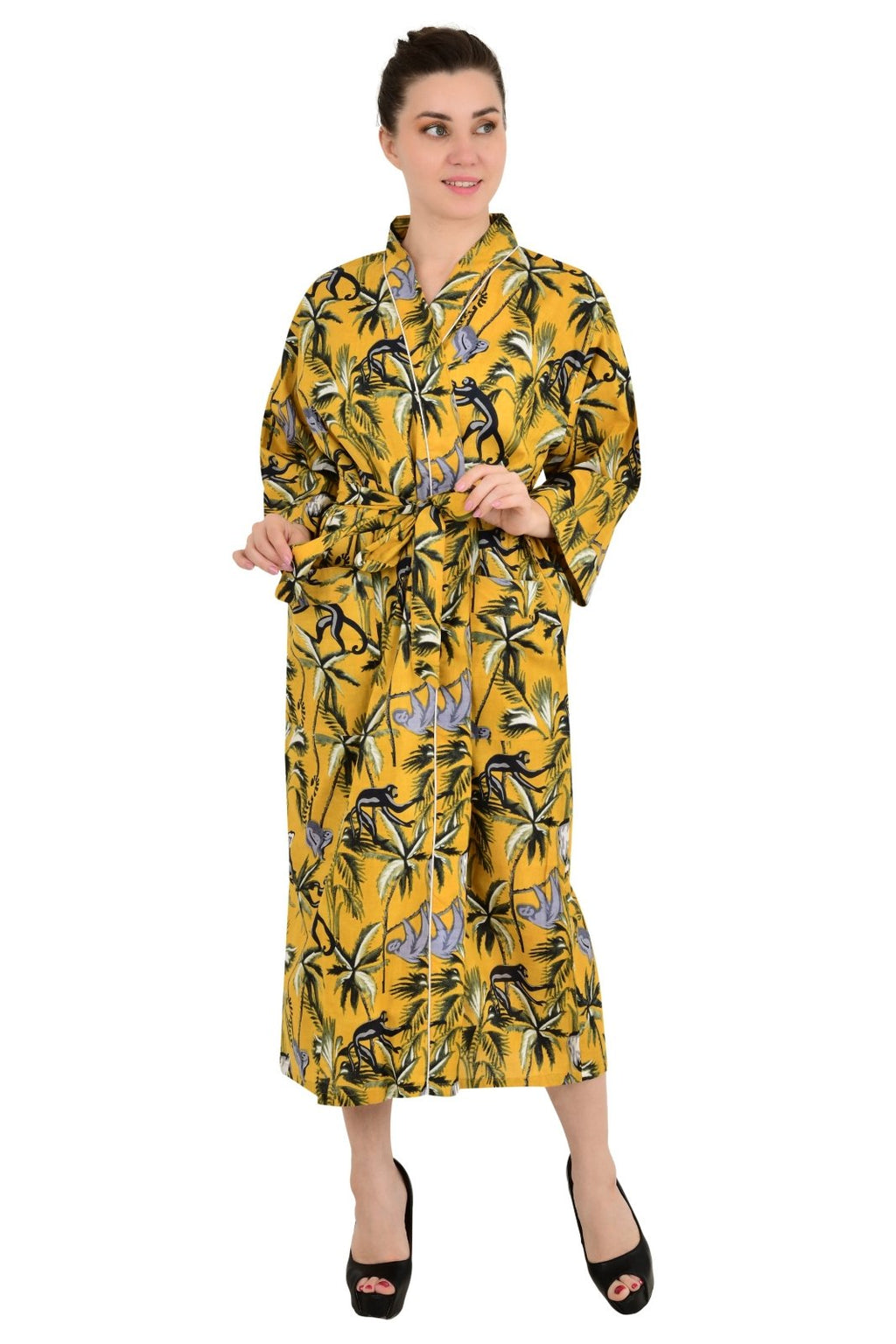 block-printed Cotton Kimono Robe in monkey