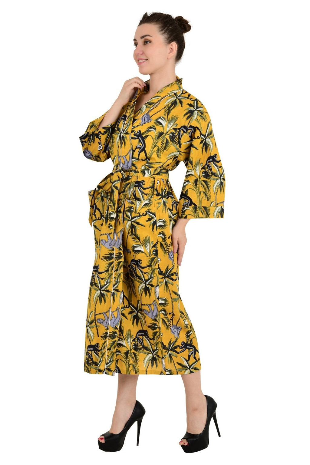 block-printed Cotton Kimono Robe in monkey