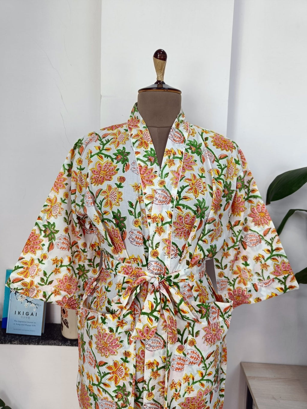 block-printed Cotton Kimono Robe in white botanical