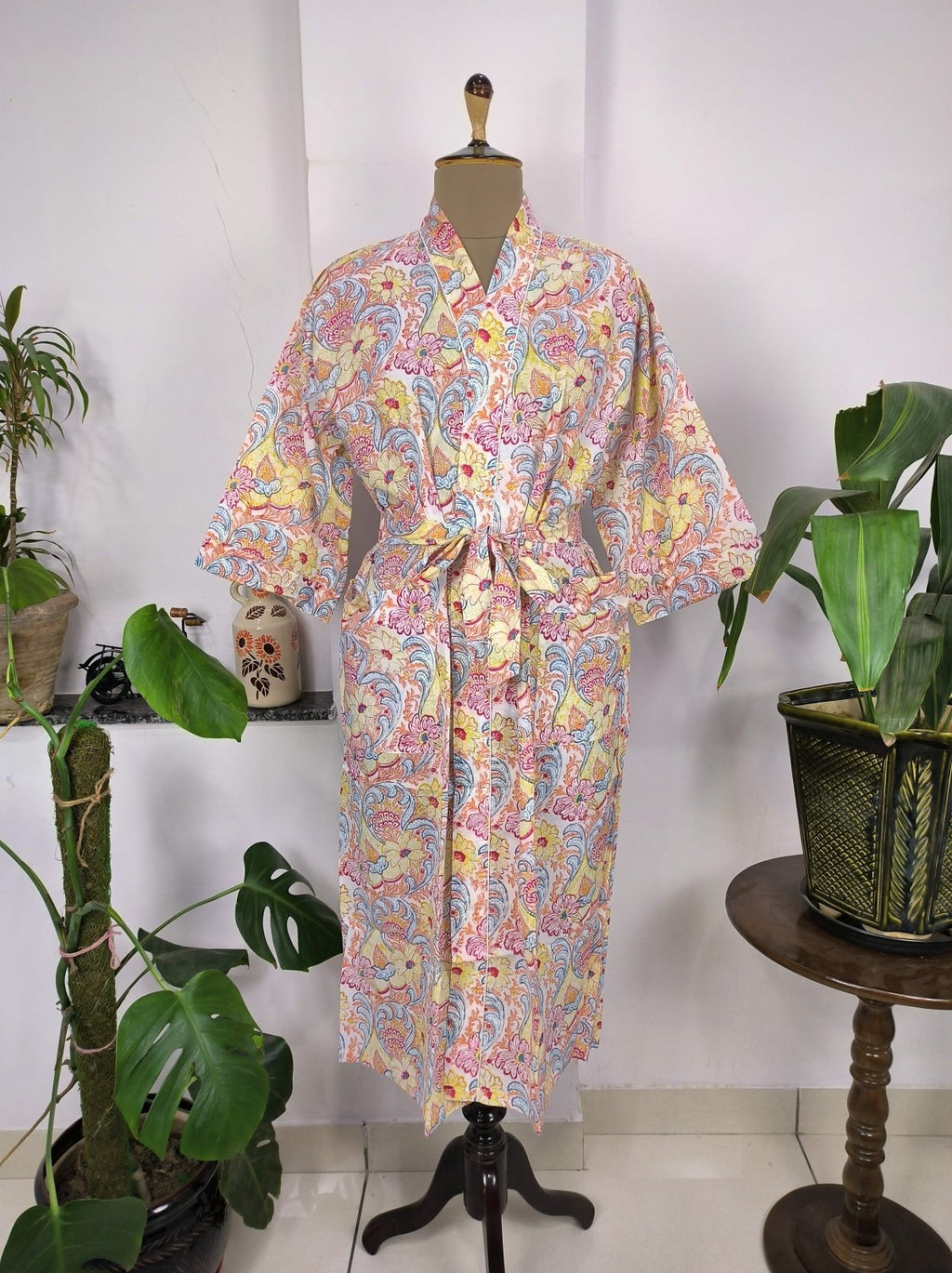 block-printed Cotton Kimono Robe in floral