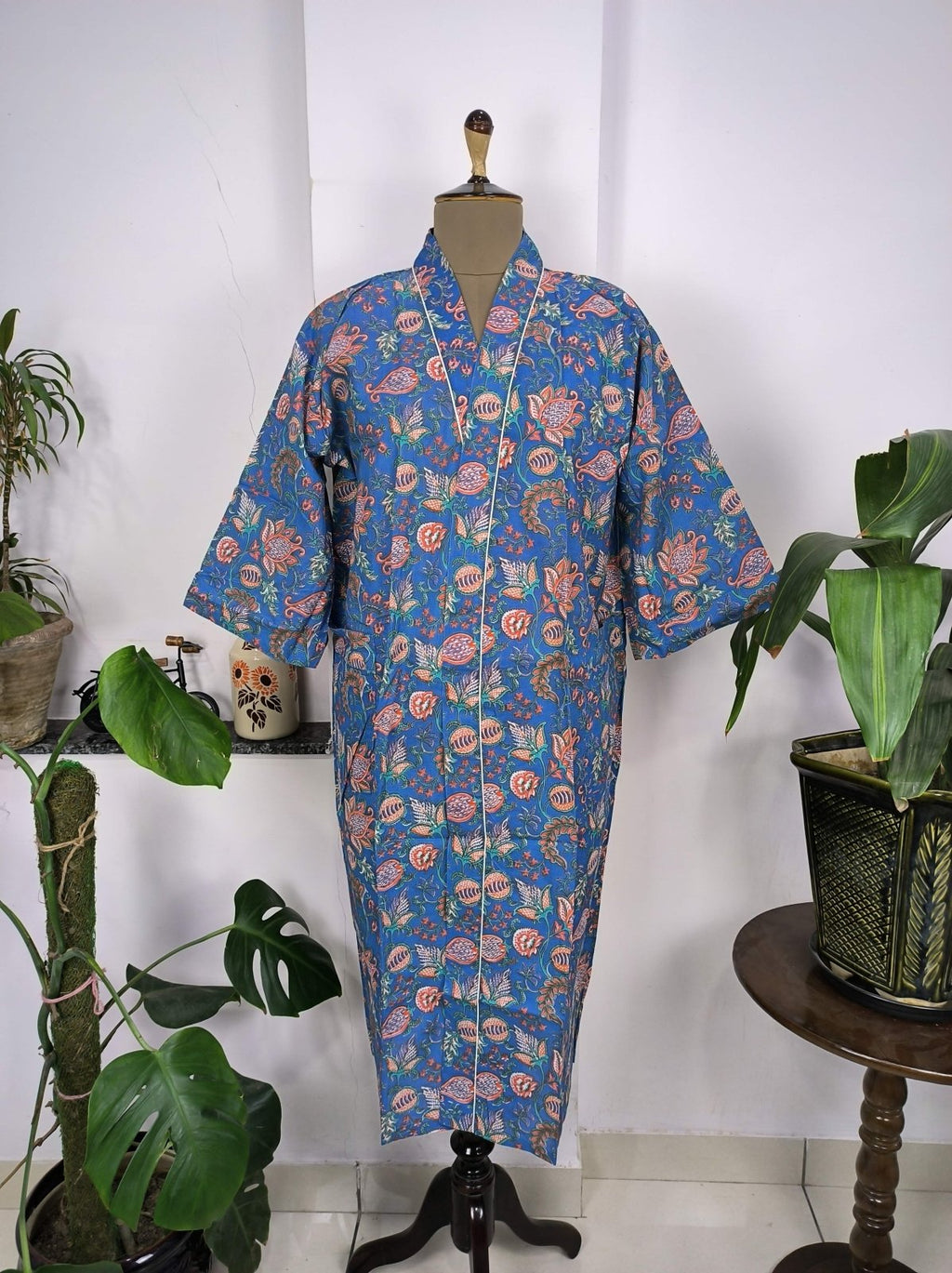 block-printed Cotton Kimono Robe in floral