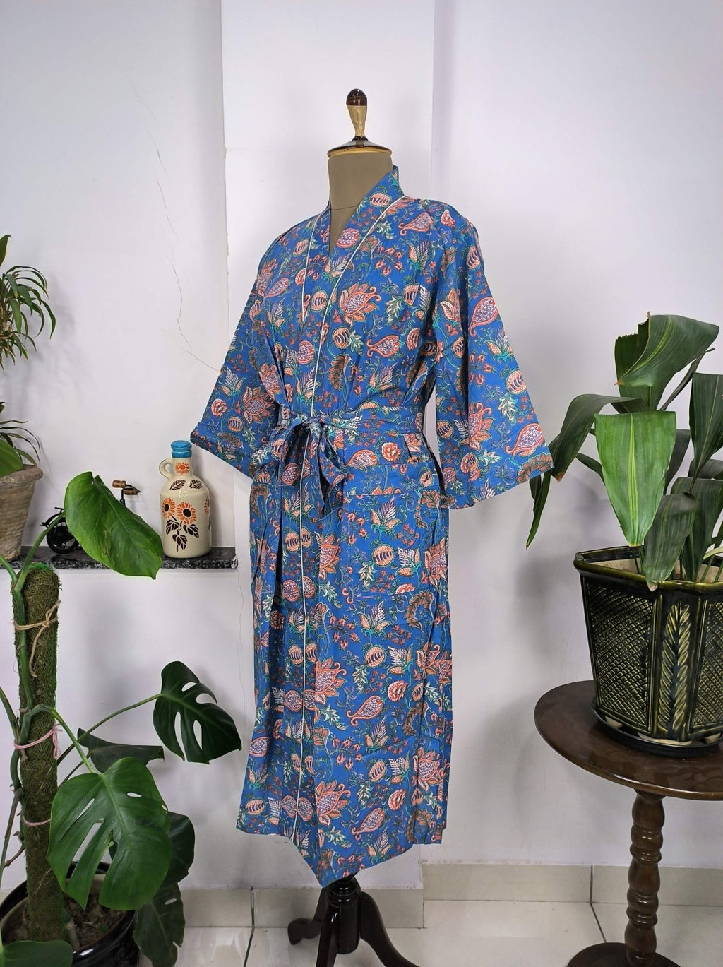 block-printed Cotton Kimono Robe in floral