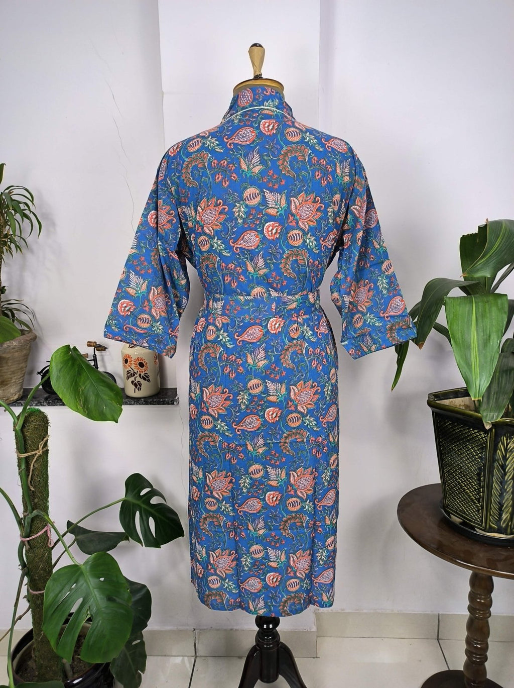 block-printed Cotton Kimono Robe in floral
