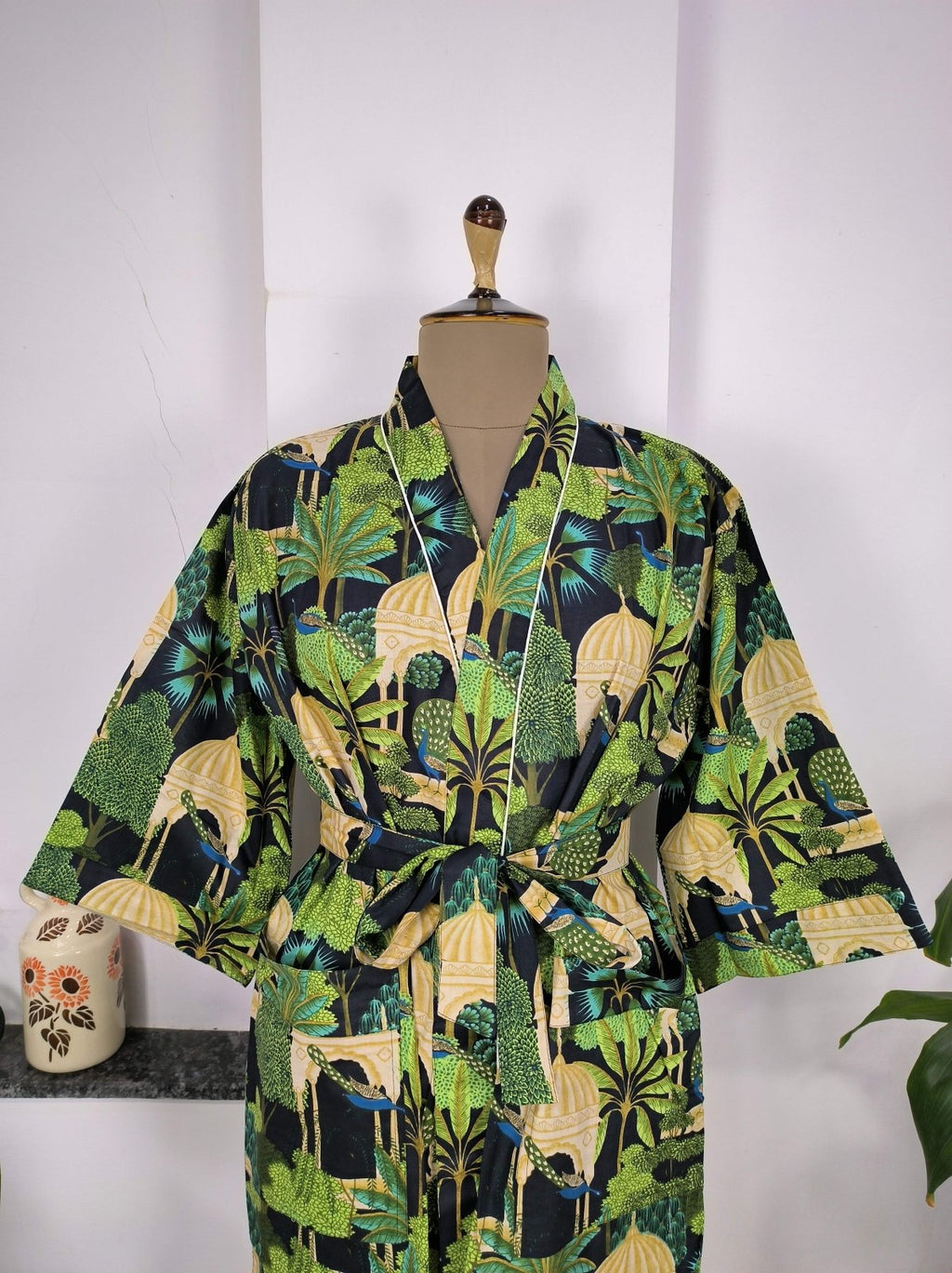 block-printed Cotton Kimono Robe in peacock
