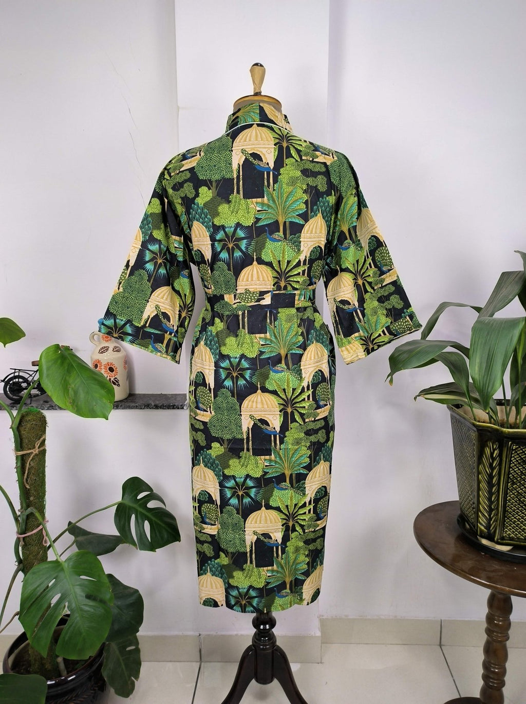 block-printed Cotton Kimono Robe in peacock