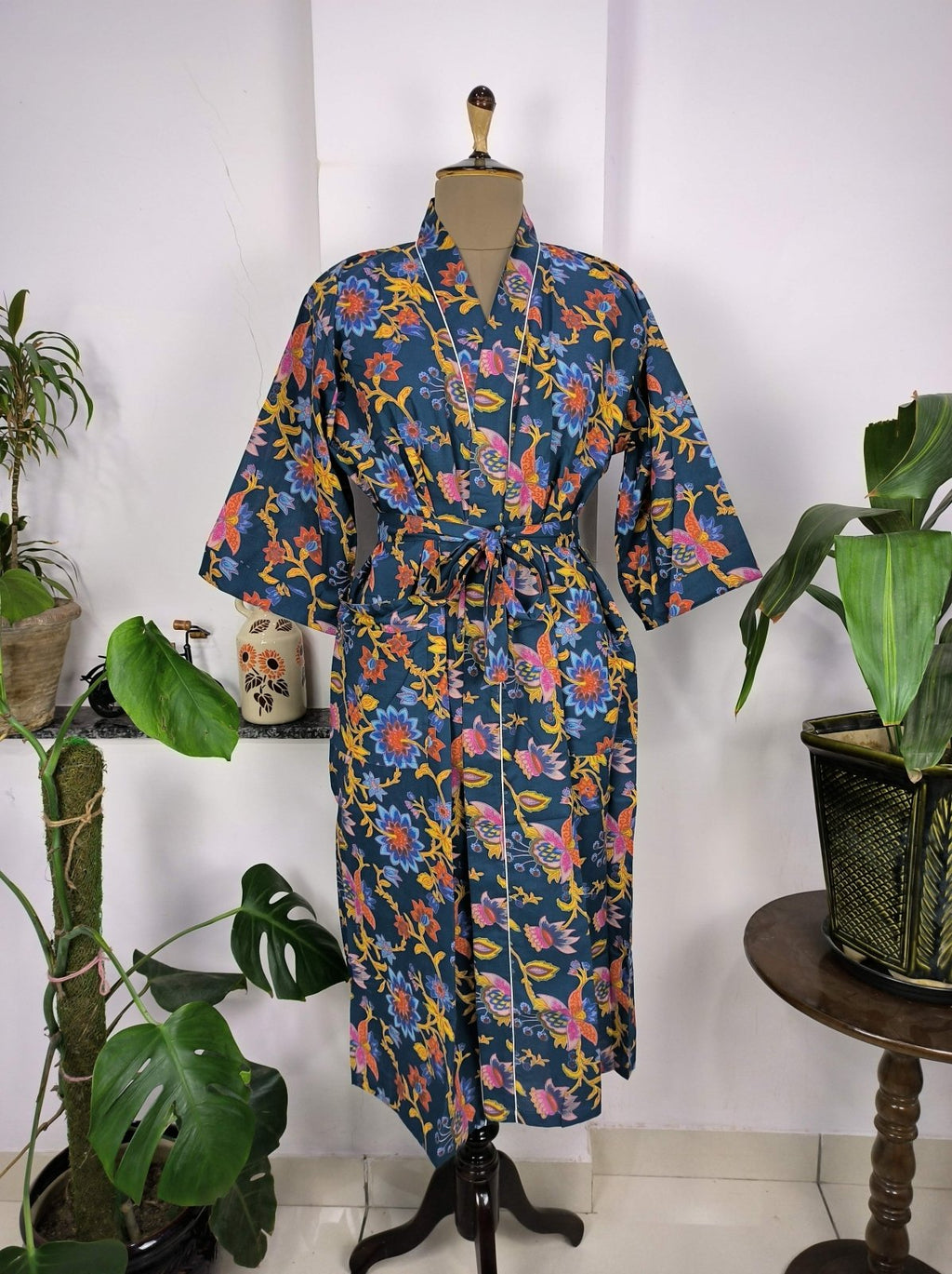 block-printed Cotton Kimono Robe in red floral