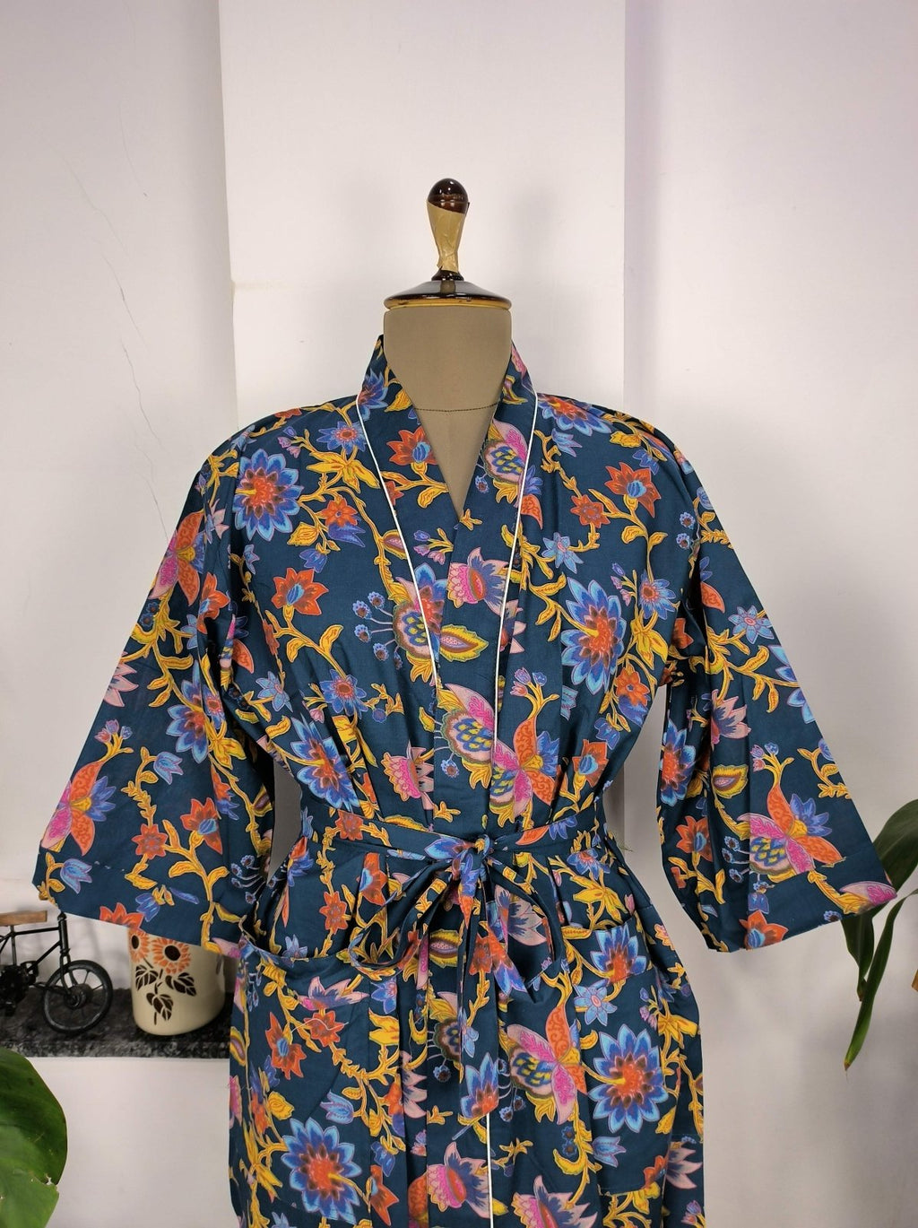 block-printed Cotton Kimono Robe in red floral