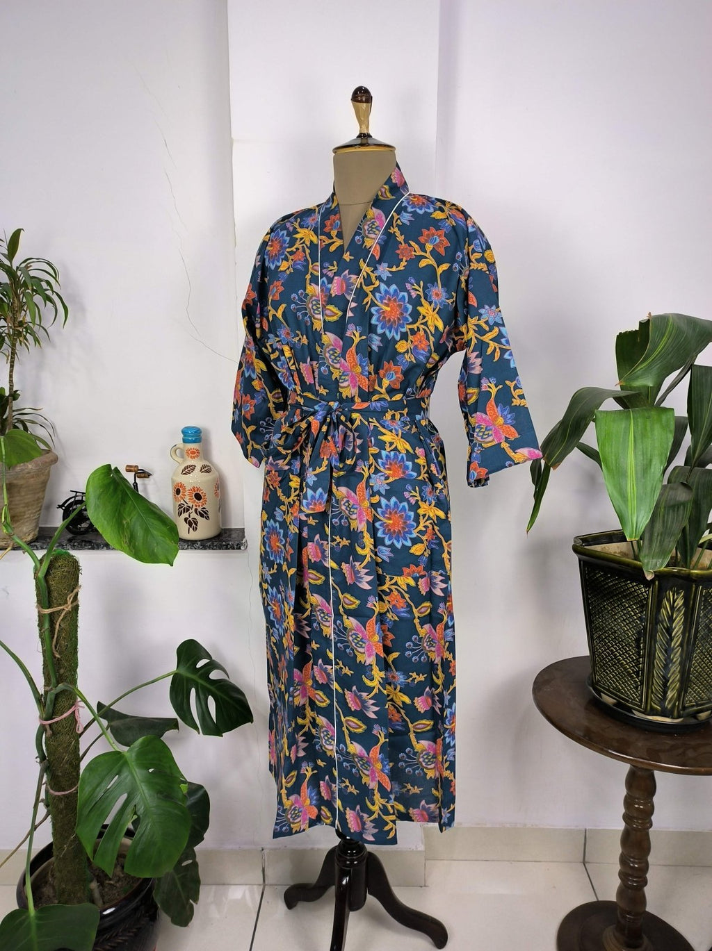 block-printed Cotton Kimono Robe in red floral