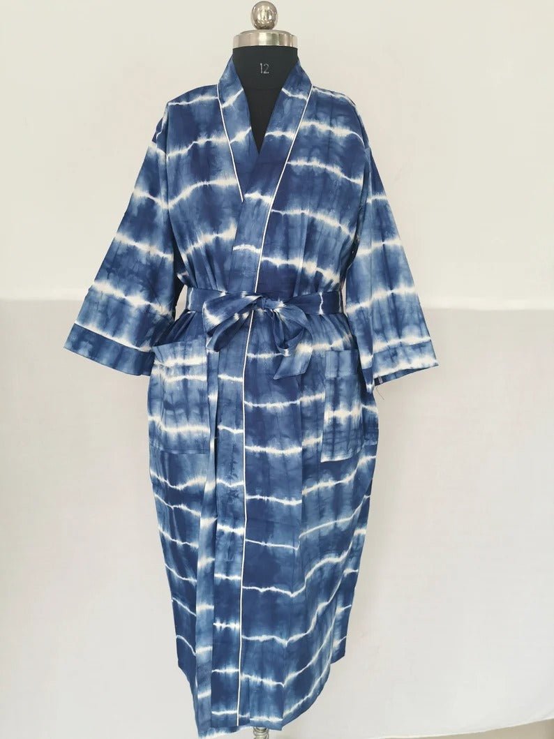 Women's Cotton Kimono Robe in blue indigo tie-dye
