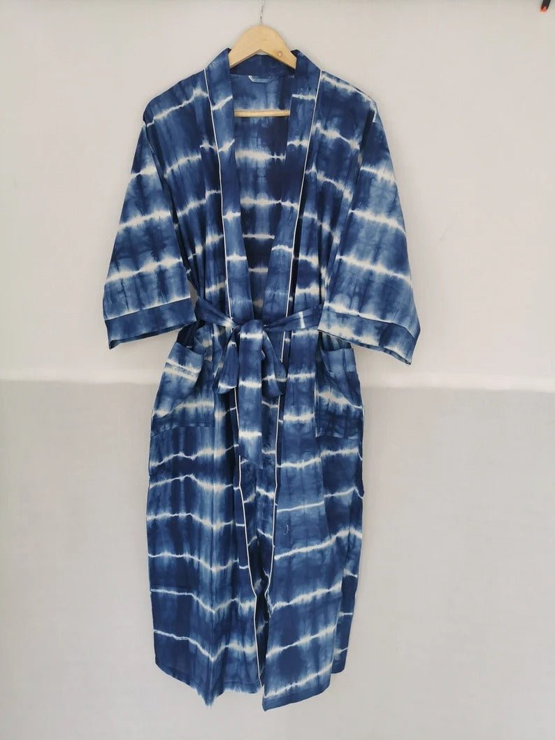 Women's Cotton Kimono Robe in blue indigo tie-dye