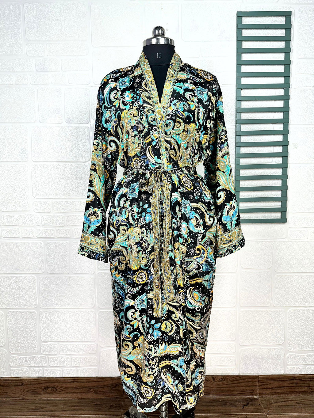 Men's Silk Kimono Robe in black blue floral